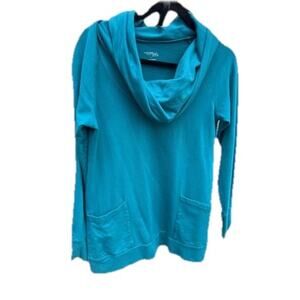 New York & Company LARGE Top Teal Blue Cowl Neck Long-Sleeve Pocket Sweatshirt